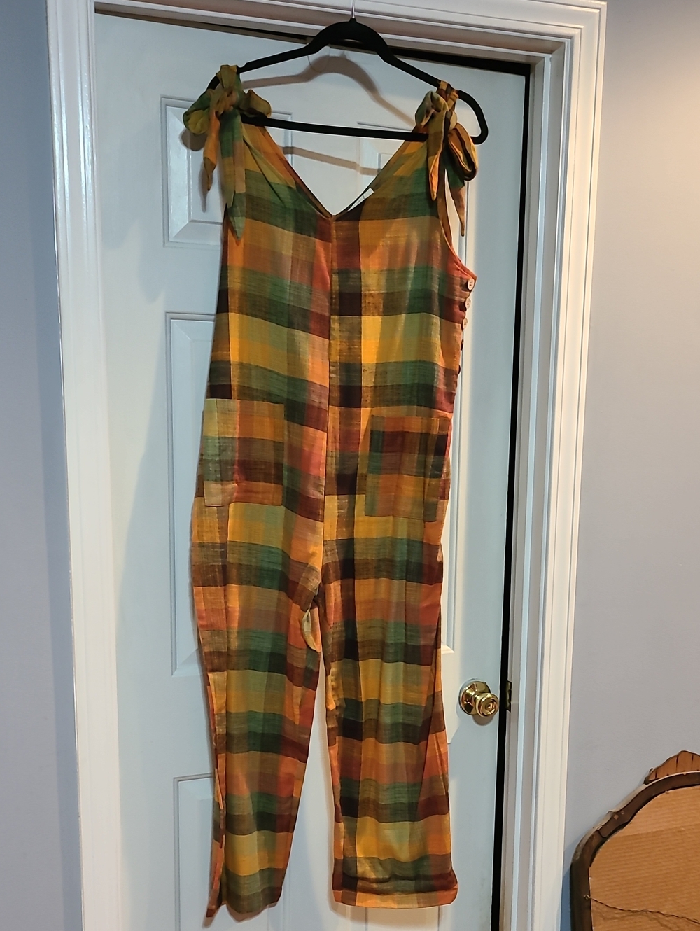 Easel Plaid Tie-Shoulder Jumpsuit in Mustard, Green & Rust Tones